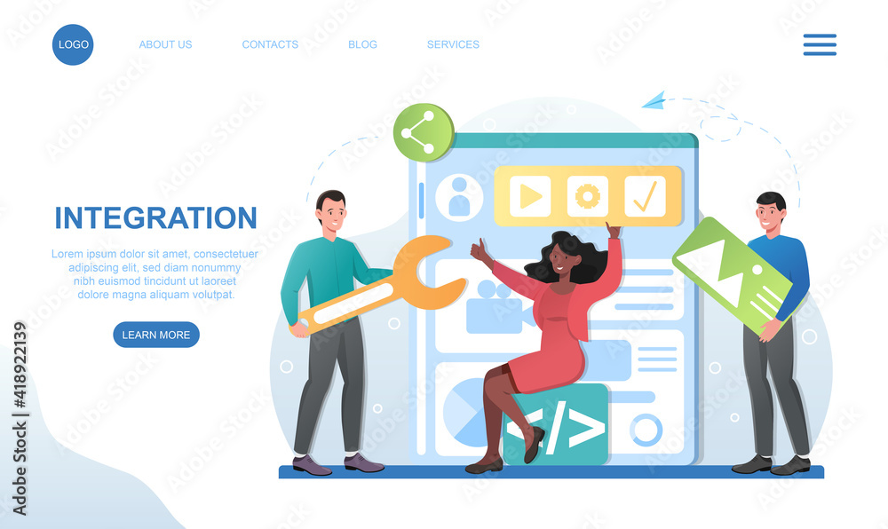 Male and female characters are integrating design parts for website. Concept of software and website development. Website, web page, landing page template. Flat cartoon vector illustration
