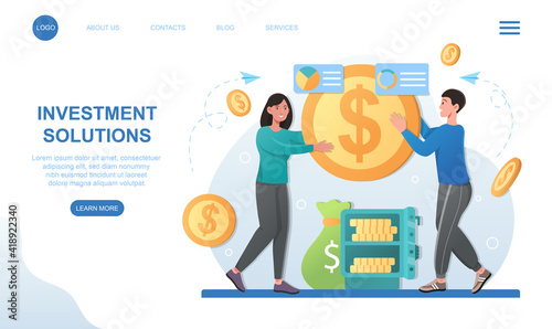 Male and female characters are looking for investment solutions together. Concept of investment solutions. Website, web page, landing page template. Flat cartoon vector illustration