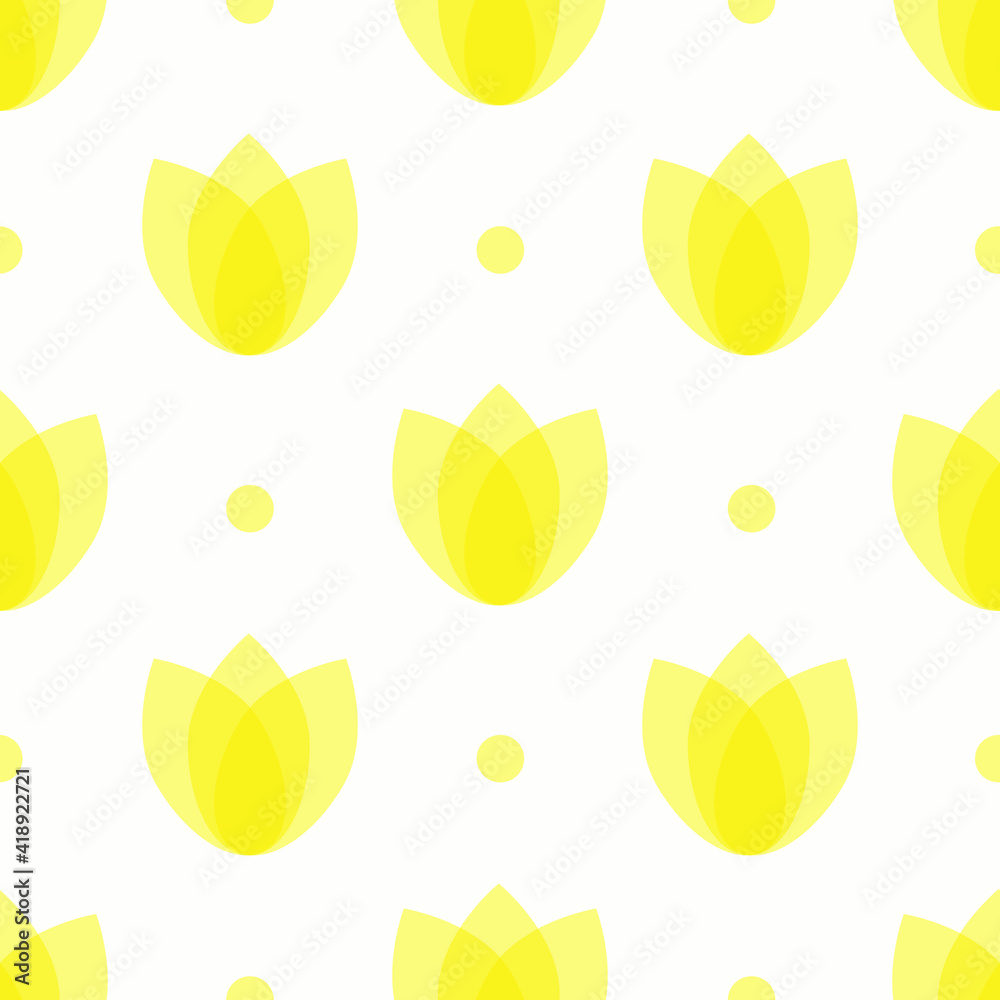 Seamless background. Yellow abstract tulips on a white background. Dots and flowers. Seamless background. Yellow abstract tulips on a white background. Dots and flowers.