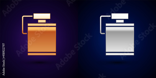 Gold and silver Canteen water bottle icon isolated on black background. Tourist flask icon. Jar of water use in the campaign. Vector.