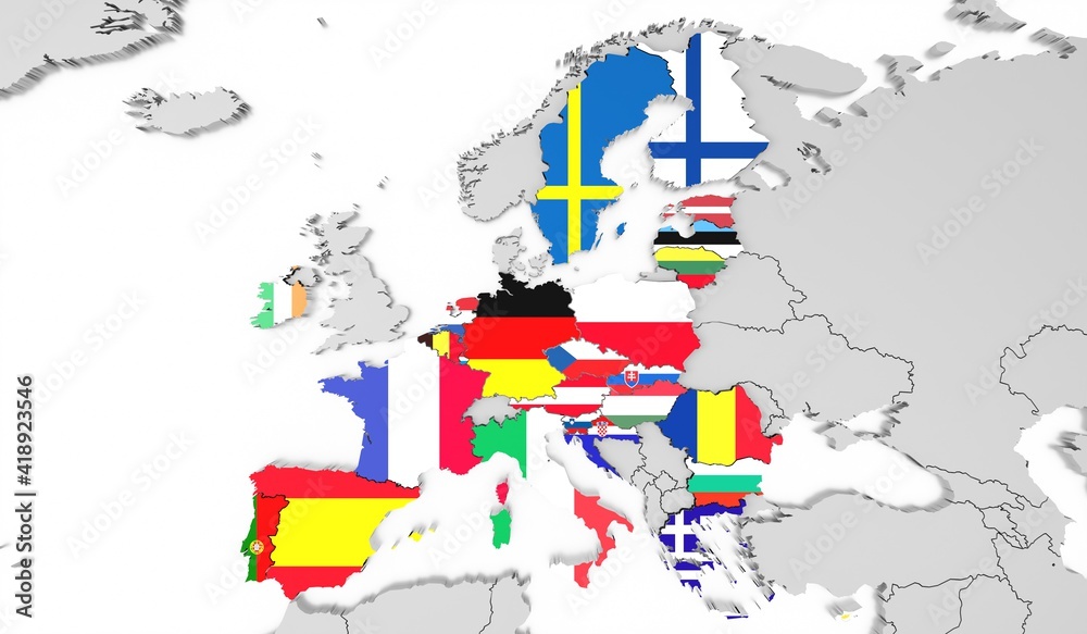 European Union concept, international flags - 3D illustration