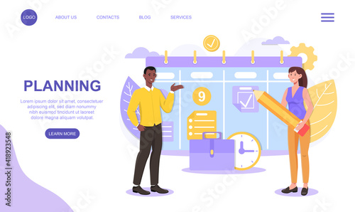 Male and female characters are planning events together. Man and woman developing a plan and marking on calendar with pencil. Website, web page, landing page template. Flat cartoon vector illustration