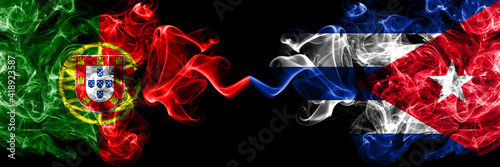 Portugal  Portuguese vs Cuba  Cuban smoky mystic flags placed side by side. Thick colored silky abstract smoke flags.