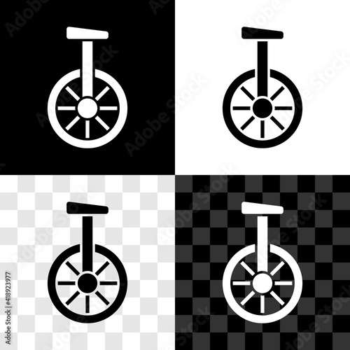 Set Unicycle or one wheel bicycle icon isolated on black and white, transparent background. Monowheel bicycle. Vector.