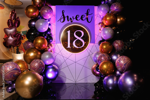 Beautiful photo zone of balloons at a party in a trendy nightclub.
