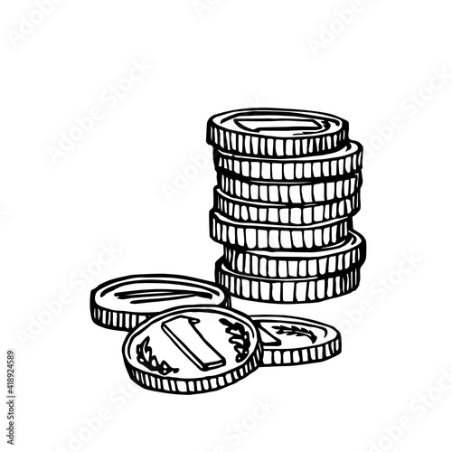 a stack of metal coins, money, symbol of wealth, numismatic hobby, vector illustration with black ink contour lines isolated on a white background in a doodle and hand drawn style