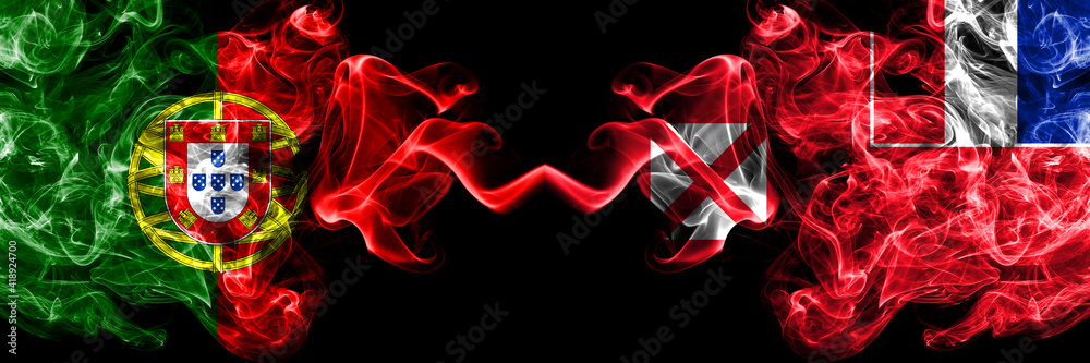 Portugal, Portuguese vs France, French, Wallis and Futuna smoky mystic flags placed side by side. Thick colored silky abstract smoke flags. Portugal, Portuguese vs France, French, Wallis and Futuna smoky mystic flags placed side by side. Thick colored silky abstract smoke flags.