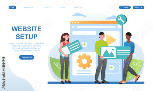 Male and female characters are working on website setup. Group of people is holding design elements to create website. Website, web page, landing page template. Flat cartoon vector illustration