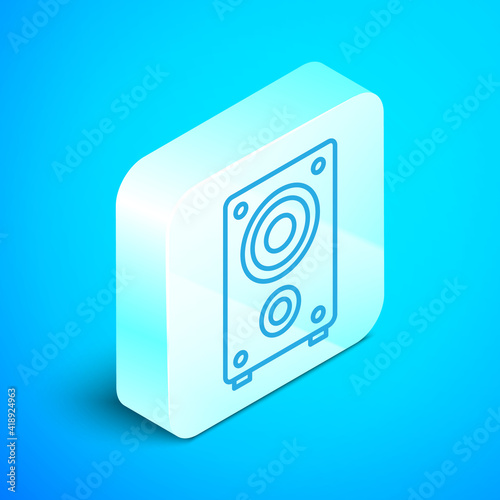 Isometric line Stereo speaker icon isolated on blue background. Sound system speakers. Music icon. Musical column speaker bass equipment. Silver square button. Vector.