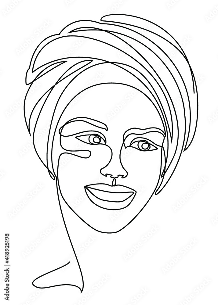 Silhouettes of the head of a girl in a turban, scarf. Woman face in modern one line style. Solid line, aesthetic outline for decor, posters, stickers, logo. Vector illustration. Silhouettes of the head of a girl in a turban, scarf. Woman face in modern one line style. Solid line, aesthetic outline for decor, posters, stickers, logo. Vector illustration.
