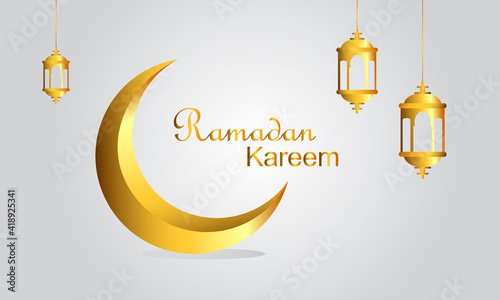 Ramadan Kareem greeting background with gold crescent moon and lantern. Eps10 vector