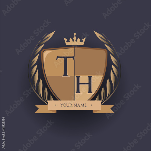 initial letter TH logotype colored brown and gold isolated with shield, crown and laurel design, logo for college and sport club.