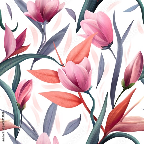 Beautiful floral illustration with magnolia, modern design, seamless texture perfect for fabric print