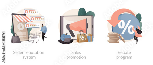 Retail sales strategy abstract concept vector illustration set. Seller reputation system, sales promotion, rebate program, advertising campaign, top rated product, discount coupon abstract metaphor.