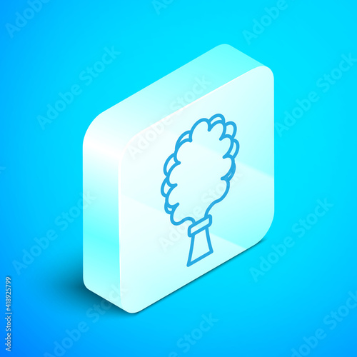 Isometric line Sauna broom icon isolated on blue background. Broom from birch twigs, branches for Russian steam bath, sauna, washhouse. Silver square button. Vector.