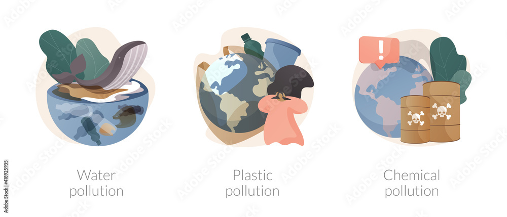 Environmental issue abstract concept vector illustration set. Water pollution, plastic ocean, landfill chemical contamination, hazardous waste, climate change, dangerous trash abstract metaphor.