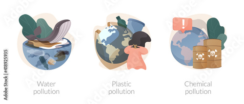 Environmental issue abstract concept vector illustration set. Water pollution, plastic ocean, landfill chemical contamination, hazardous waste, climate change, dangerous trash abstract metaphor.