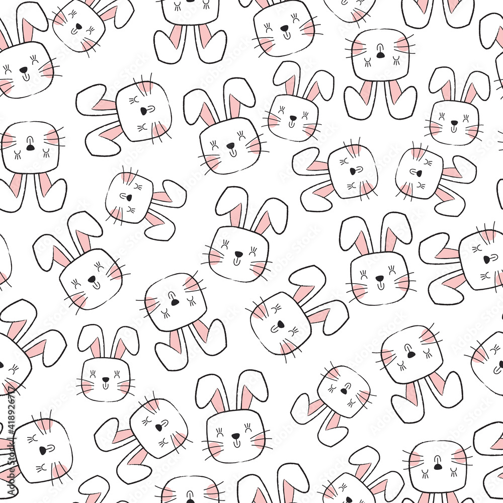 Seamless cute bunny face on white background