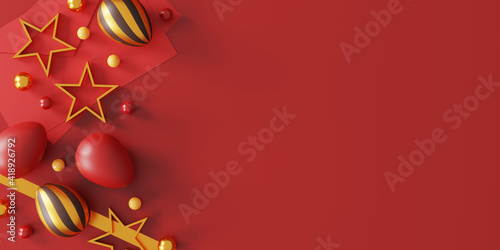easter eggs on red background. greeting card, poster, banner template. top view. flat lay. space for text. 3D illustration