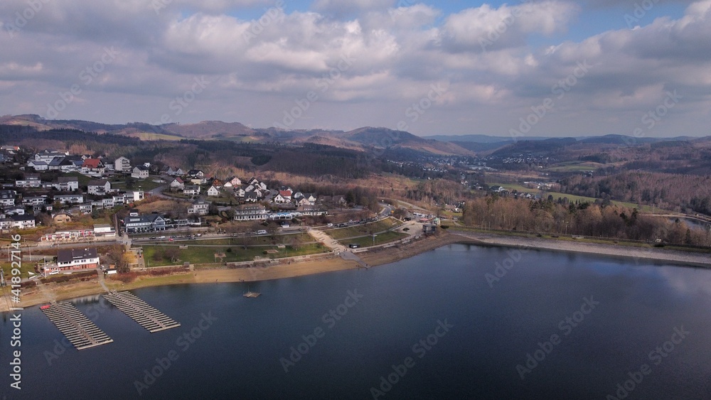 Aerial view over the Sorpesee dam in the Sauerland region