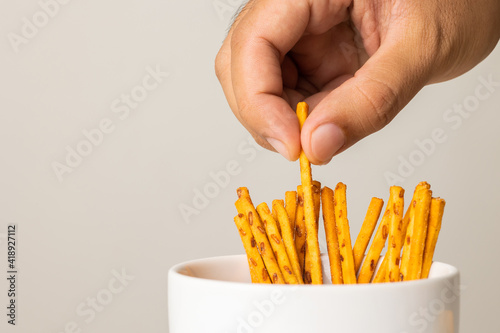 Crispy Pretzel Sticks salty. Snacks Fast food or junk food snacks unhealthy concept.