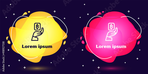 Set line Hand holding Bitcoin icon isolated on blue background. Blockchain technology, digital money market, cryptocoin wallet. Abstract banner with liquid shapes. Vector.