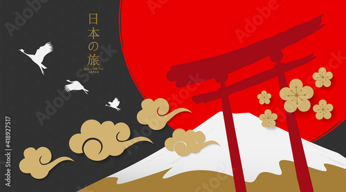 japan travel banner, poster and greeting card design. vector illustration. [translation of language - welcom to japan]