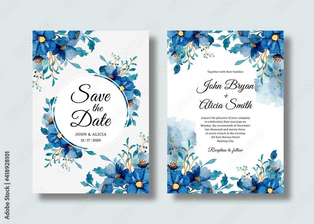 Wedding invitation card set with blue floral watercolor