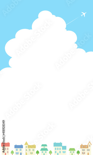 夏の青空と入道雲と飛行機と街並みのベクターイラスト背景(風景)