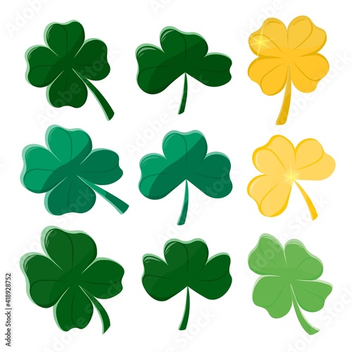Set of good luck symbol clover leaves isolated on white background. Green and gold four and shamrocks cartoon flat design.