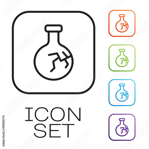 Black line Cracked test tube and flask chemical laboratory test icon isolated on white background. Laboratory glassware sign. Set icons colorful. Vector.
