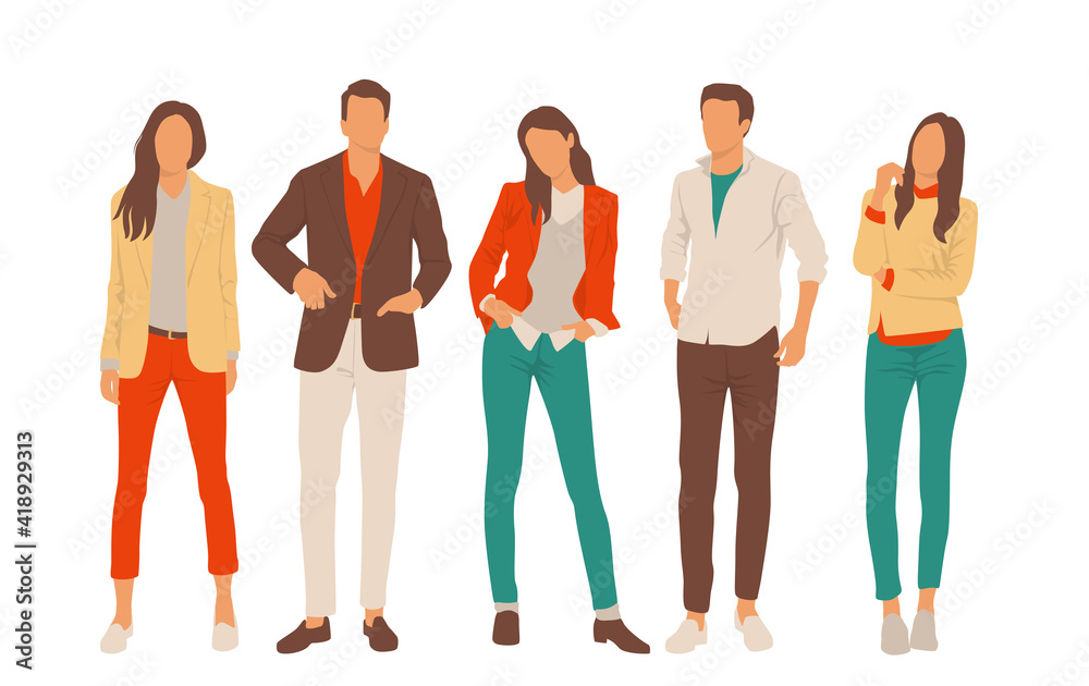 Obraz premium Set of young men and women, different colors, cartoon character, group of silhouettes of standing business people, students, the design concept of flat icon, isolated on white background