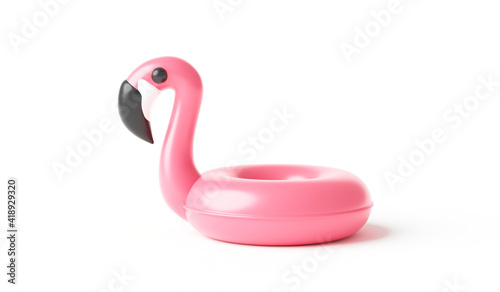 Pink inflatable flamingo swimming pool ring and summer season isolated on white background. 3D rendering.