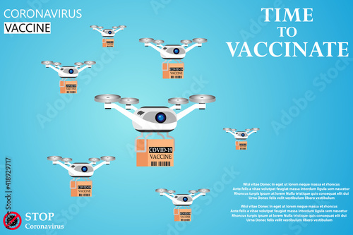 Coronavirus vaccination concept. Drones are spreading the vaccine all over the planet. Fast shipping. Covid-19 coronavirus vaccine. Treatment for coronavirus covid-19. Vector illustration