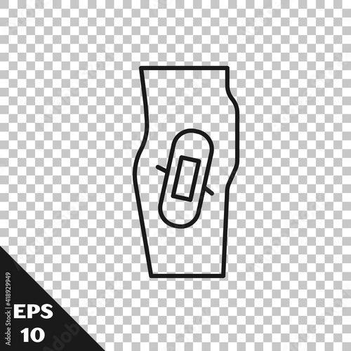 Black line Plaster on leg icon isolated on transparent background. Vector.