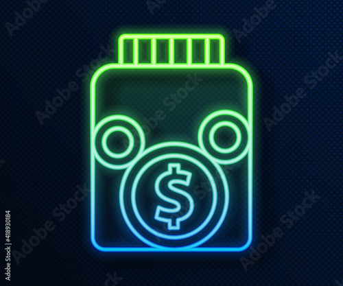 Glowing neon line Glass money jar with coin icon isolated on blue background. Icon saving or accumulation of money, investment. Vector.