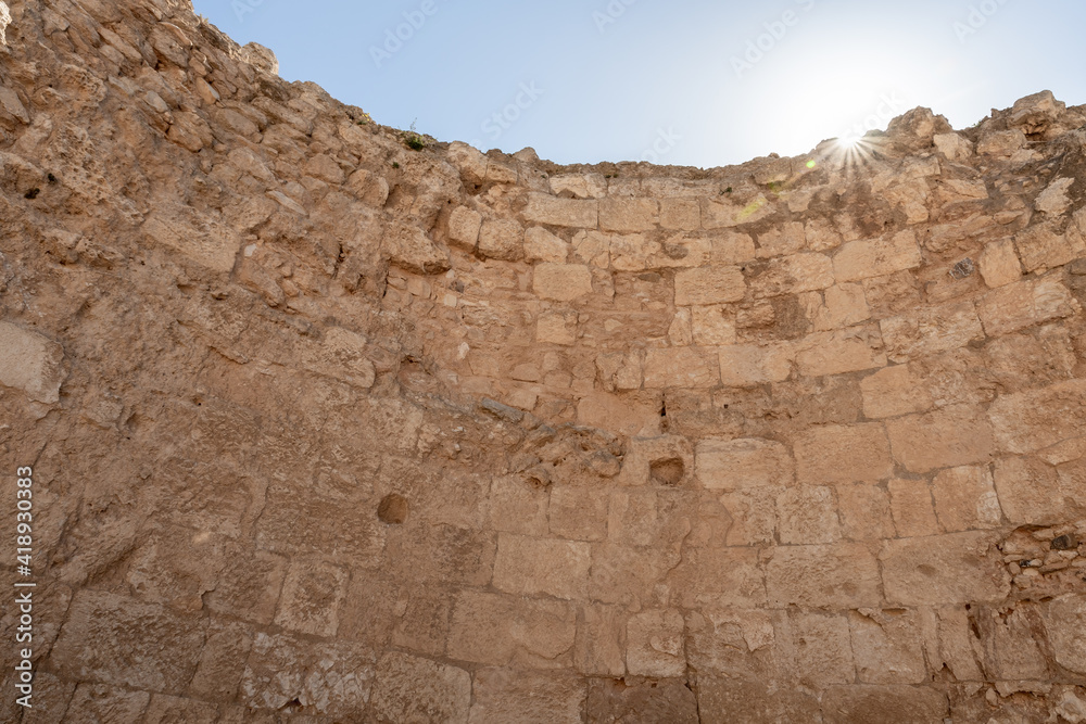 Remains of the inner wall in the courtyard of the ruins of the palace of King Herod - Herodion in the Judean Desert, in Israel Remains of the inner wall in the courtyard of the ruins of the palace of King Herod - Herodion in the Judean Desert, in Israel