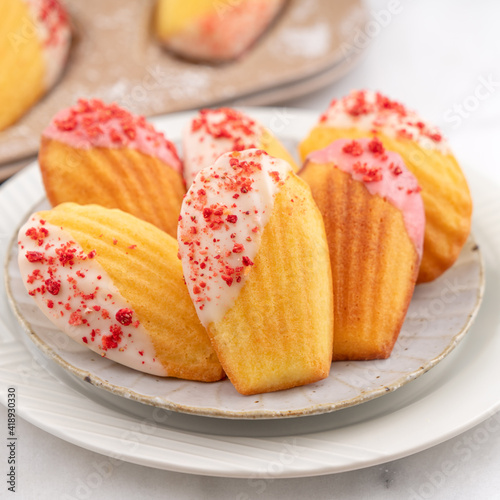 Delicious homemade chocolate dipped madeleine on white table background photo