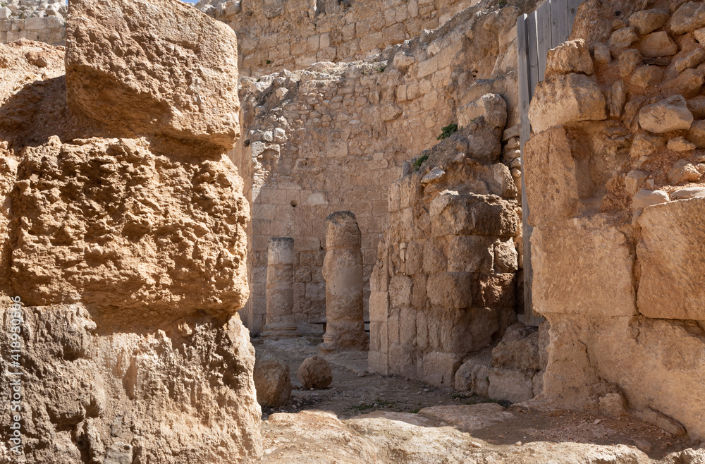 The courtyard  ruins of the palace of King Herod - Herodion in the Judean Desert, in Israel
