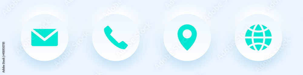 Neumorphic business card icons set, phone, email, location, website Neumorphic business card icons set, phone, email, location, website