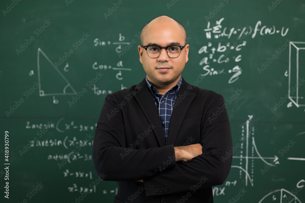 Young asian teacher man teaching video conference with student. Male Indian teacher training the mathematics in classroom from online course.