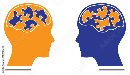 Head and brain with head shaped puzzle pieces. This vector design can be used in mental hygiene, neurology, personality and psychology design projects.