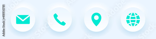 Neumorphic business card icons set, phone, email, location, website