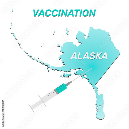 Vaccination of Alaska. Coronavirus vaccine concept, syringe of vaccine and needle planting on Alaska map. Vector illustration of a syringe with map and vaccine.