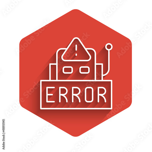 White line Error in the operation program of the robot icon isolated with long shadow. A broken chip of a robot. Red hexagon button. Vector.