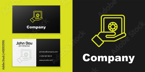 Logotype line Safe in hand icon isolated on black background. Insurance concept. Security, safety, protection, protect concept. Logo design template element. Vector.