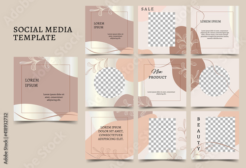Vector design template for social networks, blog, advertising promotion. Square postcards in brown, beige colors with leaf elements. Place for text