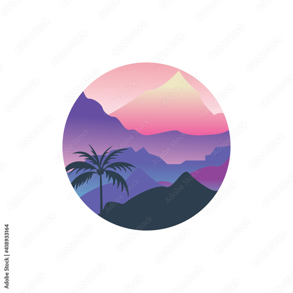 mountains and landscape vector small circle colorful illustration and tree