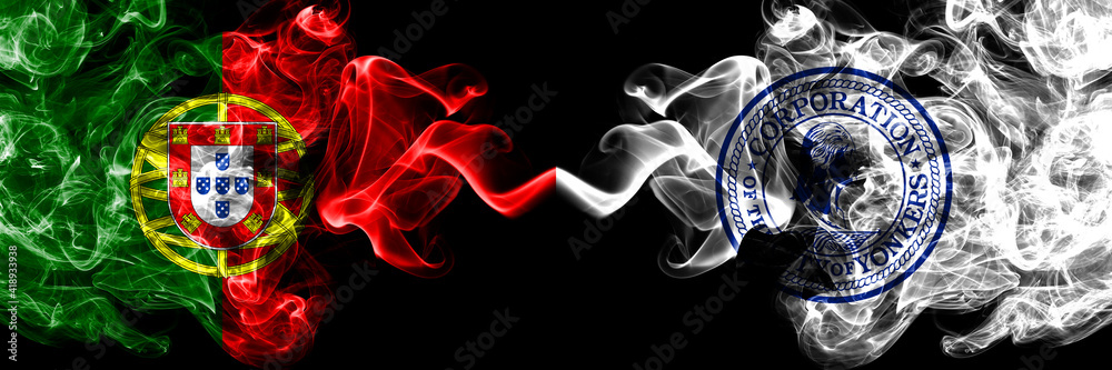 Portugal, Portuguese vs United States of America, America, US, USA, American, Yonkers, New York smoky mystic flags placed side by side. Thick colored silky abstract smoke flags. Portugal, Portuguese vs United States of America, America, US, USA, American, Yonkers, New York smoky mystic flags placed side by side. Thick colored silky abstract smoke flags.