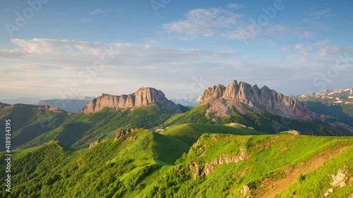 The formation and movement of clouds over the summer slopes of Adygea Bolshoy Thach and the Caucasus Mountains